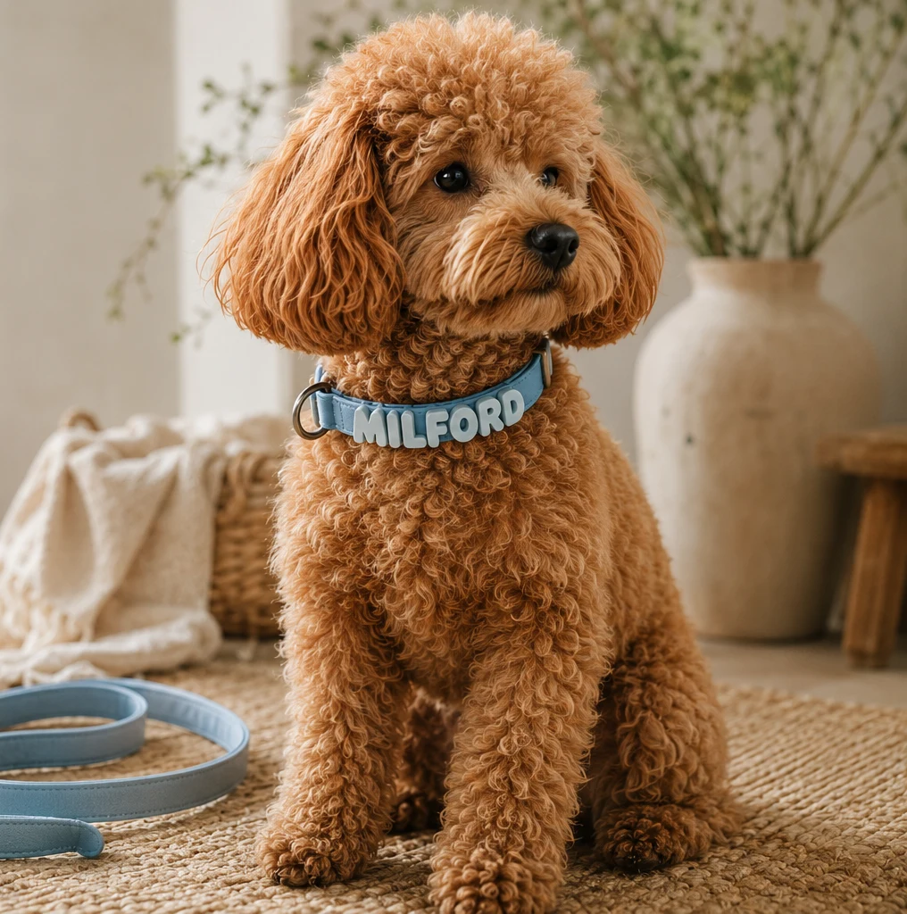 Caniche albaricoque con collar azul personalizado con el nombre Milford y correa a juego