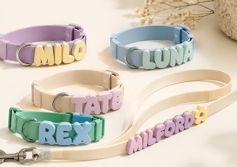 Collares y correas personalizadas en tonos pastel con letras 3D